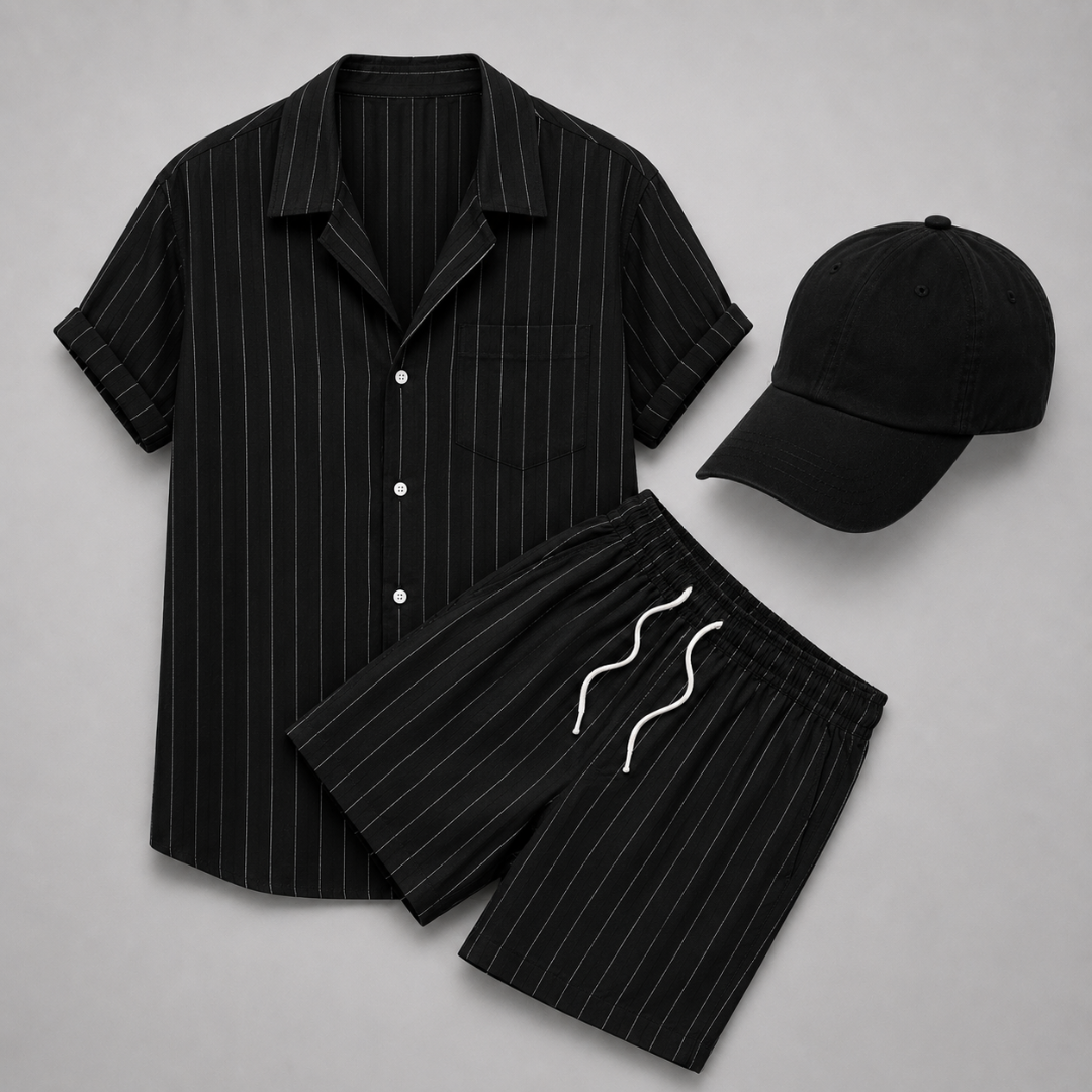Listriges Set – Poloshirt, Shorts & Cap