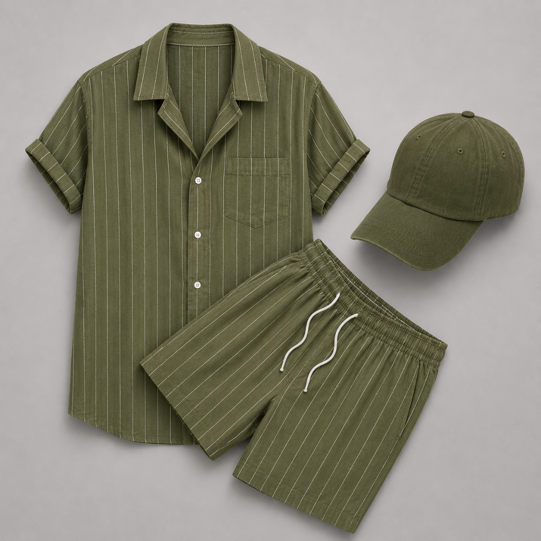 Listriges Set – Poloshirt, Shorts & Cap